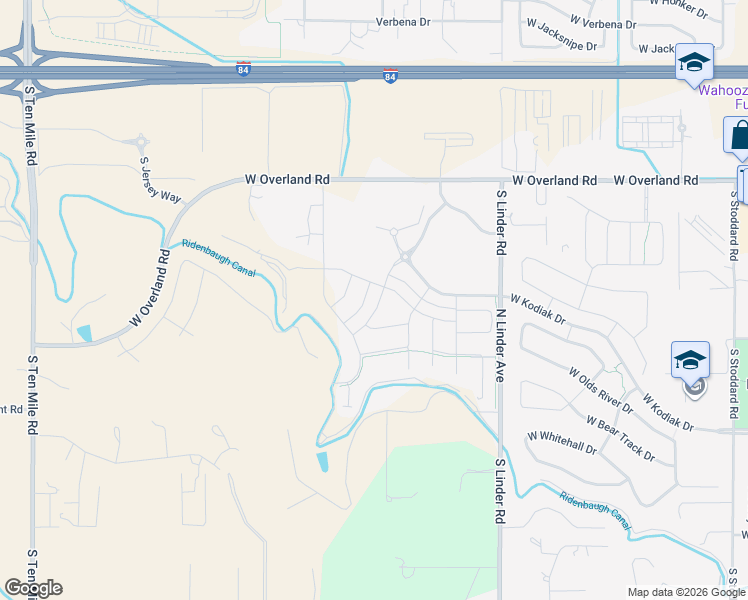 map of restaurants, bars, coffee shops, grocery stores, and more near 2015 West Overland Road in Meridian