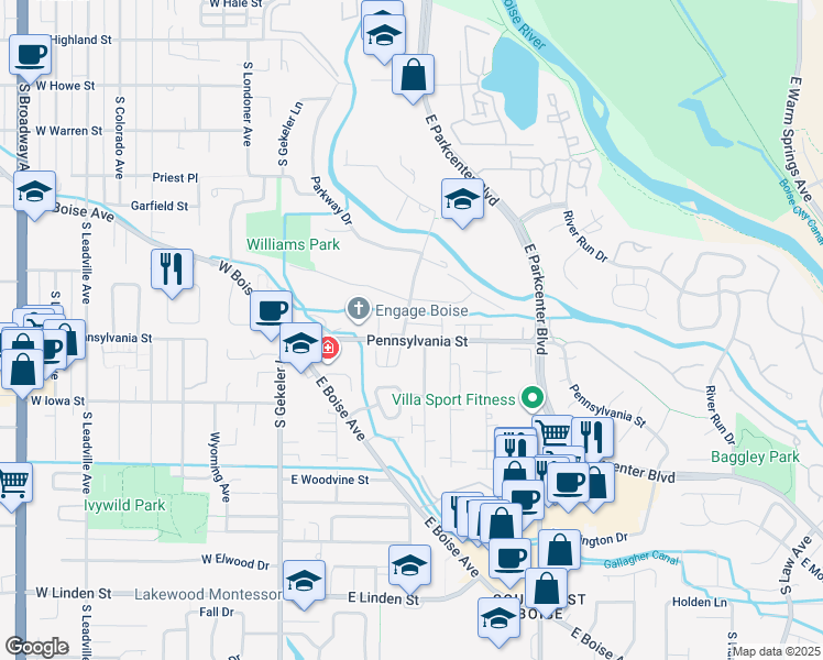 map of restaurants, bars, coffee shops, grocery stores, and more near 439 Provident Drive in Boise