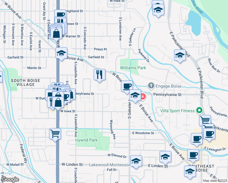 map of restaurants, bars, coffee shops, grocery stores, and more near 329 Chester Drive in Boise