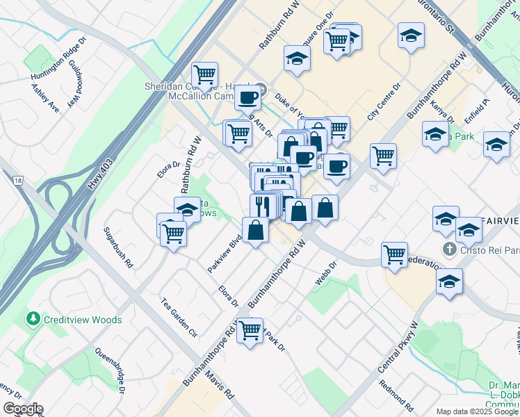 map of restaurants, bars, coffee shops, grocery stores, and more near 4096 Confederation Parkway in Mississauga