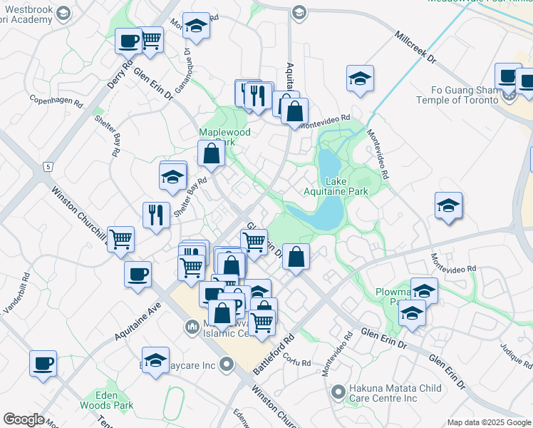 map of restaurants, bars, coffee shops, grocery stores, and more near in Mississauga