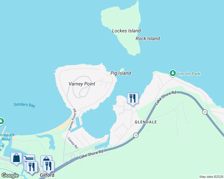 map of restaurants, bars, coffee shops, grocery stores, and more near 73 Varney Point Road Right in Gilford