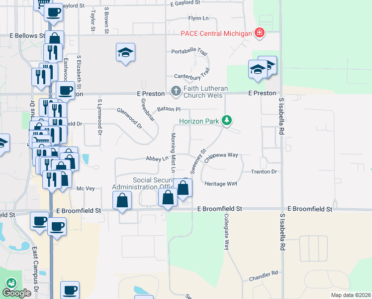 map of restaurants, bars, coffee shops, grocery stores, and more near 1646-1698 Somerset Dr in Mt Pleasant