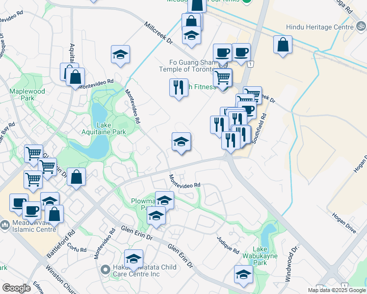 map of restaurants, bars, coffee shops, grocery stores, and more near 6315 Montevideo Road in Mississauga