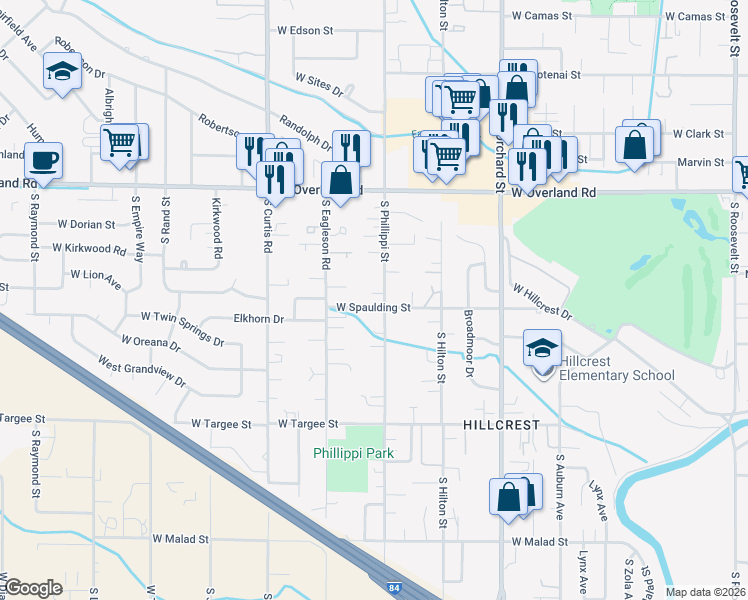 map of restaurants, bars, coffee shops, grocery stores, and more near 1820 South Phillippi Street in Boise