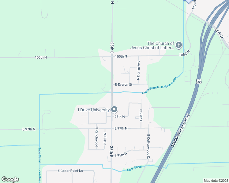 map of restaurants, bars, coffee shops, grocery stores, and more near 10029-10157 North 25th East in Idaho Falls