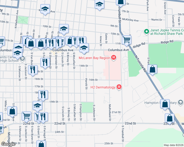 map of restaurants, bars, coffee shops, grocery stores, and more near 311 Harold Street in Bay City