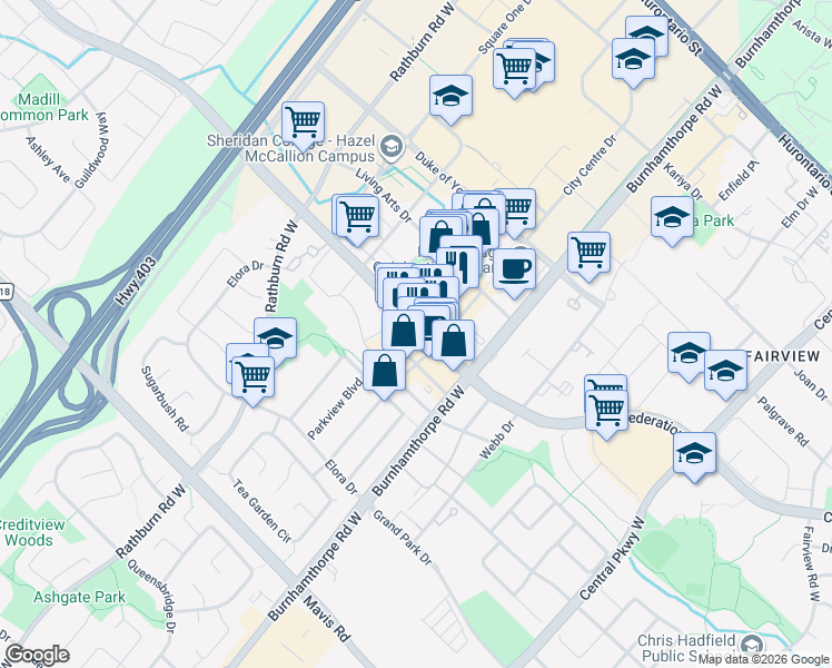 map of restaurants, bars, coffee shops, grocery stores, and more near 4070 Confederation Parkway in Mississauga