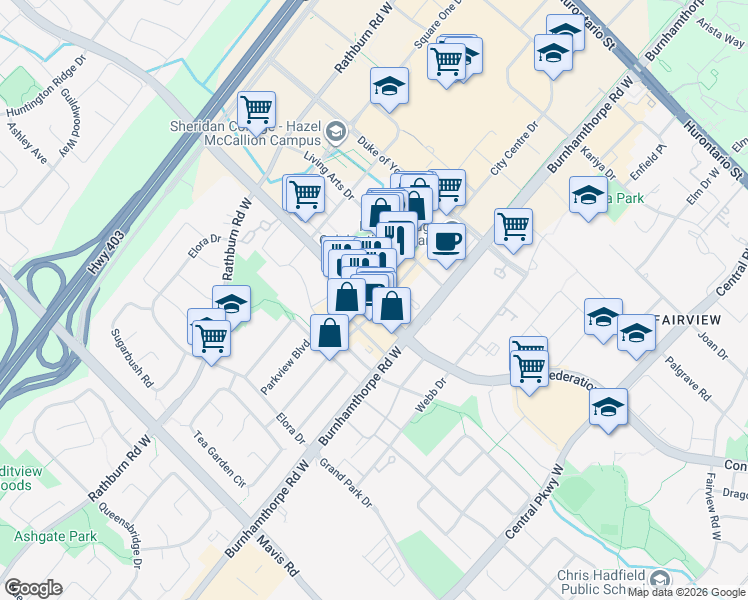 map of restaurants, bars, coffee shops, grocery stores, and more near 4065 Confederation Parkway in Mississauga