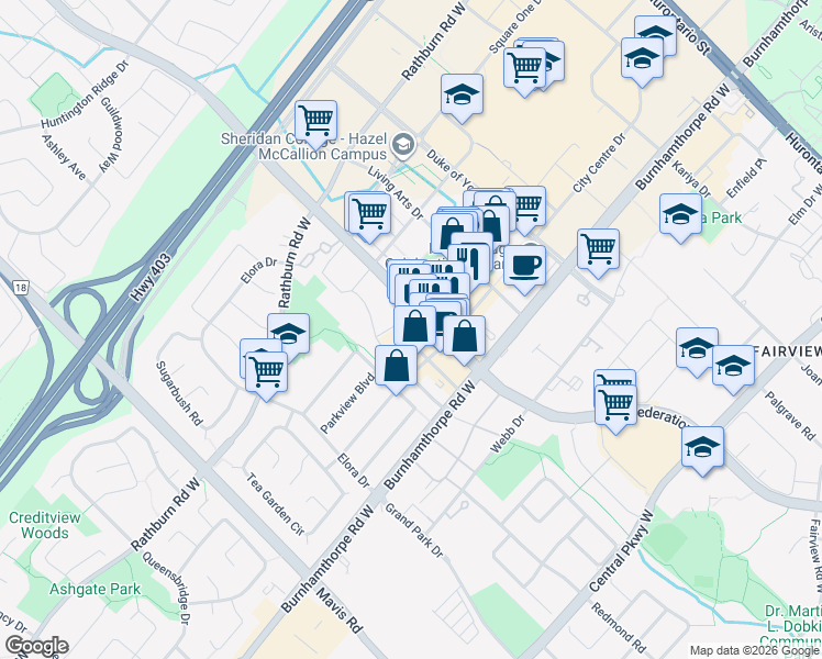 map of restaurants, bars, coffee shops, grocery stores, and more near 4099 Brickstone Mews in Mississauga