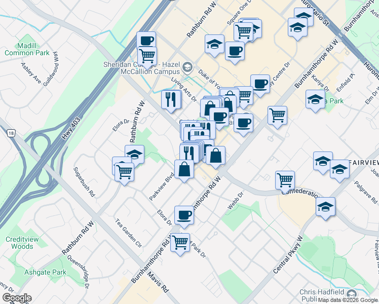 map of restaurants, bars, coffee shops, grocery stores, and more near 4099 Brickstone Mews in Mississauga
