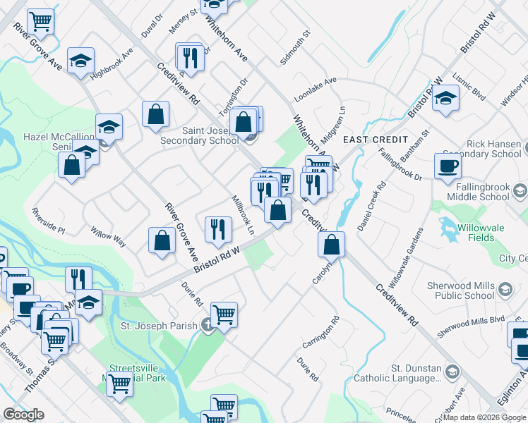 map of restaurants, bars, coffee shops, grocery stores, and more near 1525 Bristol Road West in Mississauga