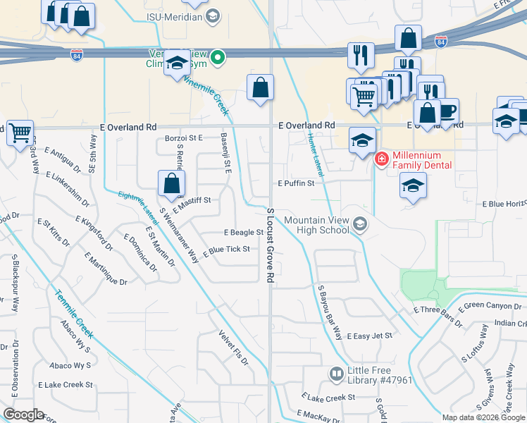 map of restaurants, bars, coffee shops, grocery stores, and more near 1597 East Mastiff Street in Meridian