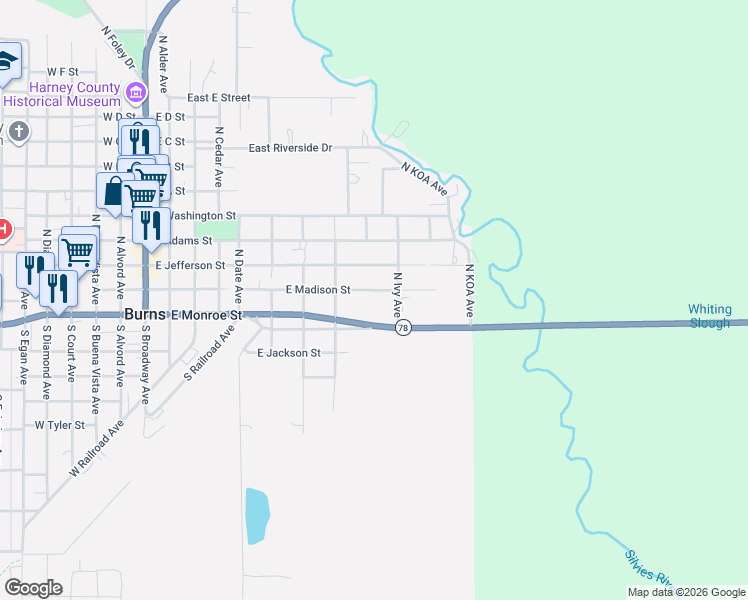 map of restaurants, bars, coffee shops, grocery stores, and more near 819 East Madison Street in Burns