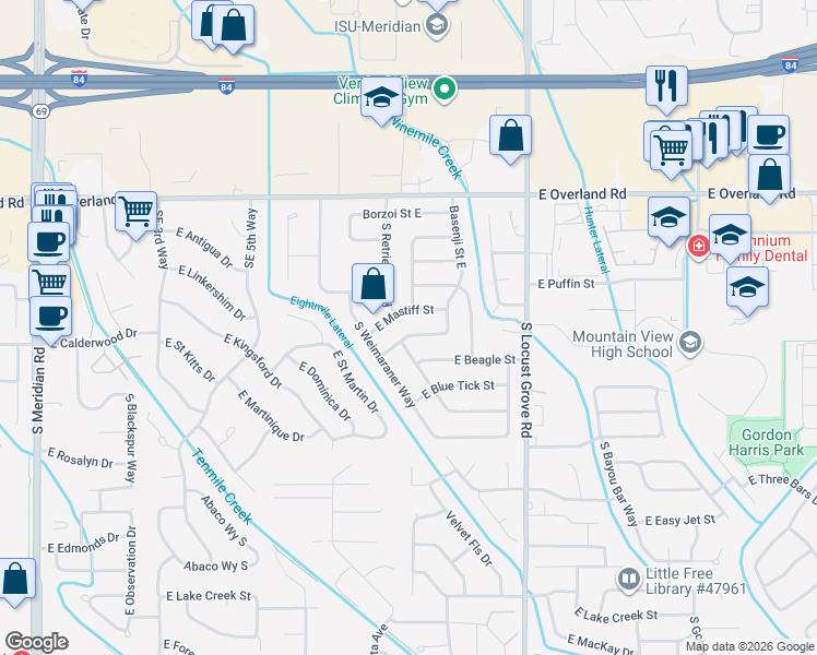 map of restaurants, bars, coffee shops, grocery stores, and more near 1235 East Mastiff Street in Meridian