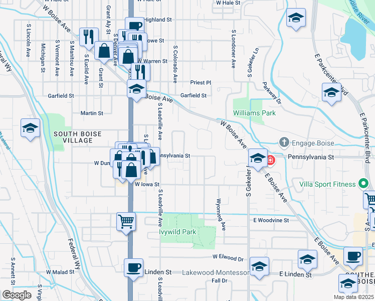 map of restaurants, bars, coffee shops, grocery stores, and more near 2082 South Division Avenue in Boise