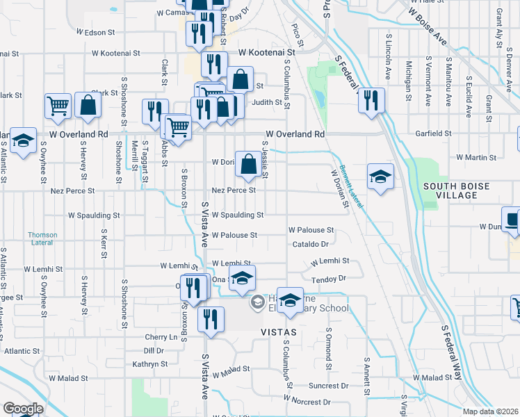 map of restaurants, bars, coffee shops, grocery stores, and more near 1804 Helen Street in Boise