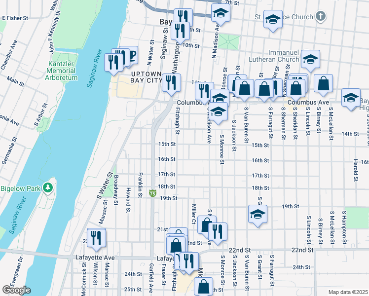 map of restaurants, bars, coffee shops, grocery stores, and more near 611 15th Street in Bay City