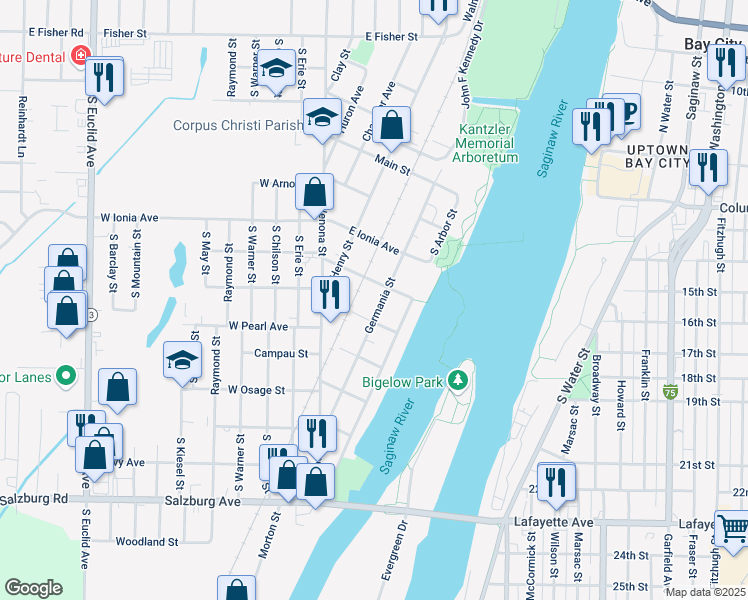 map of restaurants, bars, coffee shops, grocery stores, and more near 200-300 East Mundy Avenue in Bay City