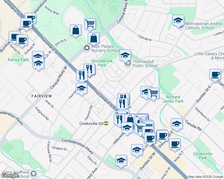 map of restaurants, bars, coffee shops, grocery stores, and more near 180 Mississauga Valley Boulevard in Mississauga