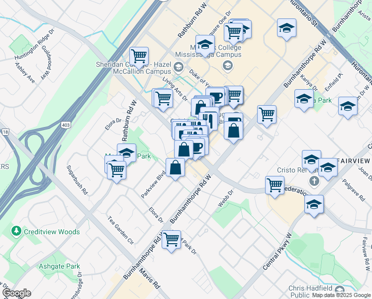 map of restaurants, bars, coffee shops, grocery stores, and more near 4062 Confederation Parkway in Mississauga