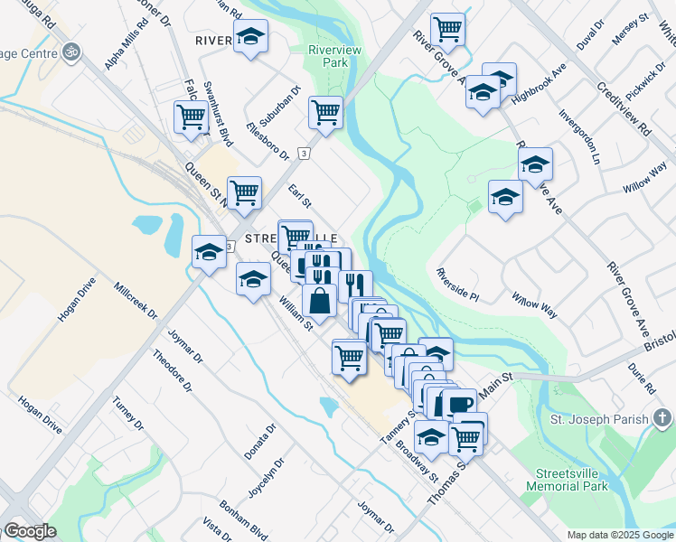 map of restaurants, bars, coffee shops, grocery stores, and more near 85 Church Street in Mississauga