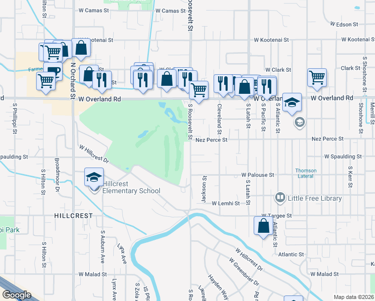 map of restaurants, bars, coffee shops, grocery stores, and more near 1805 South Roosevelt Street in Boise