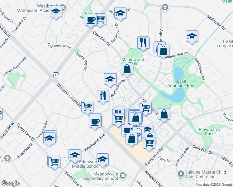 map of restaurants, bars, coffee shops, grocery stores, and more near 6797 Formentera Avenue in Mississauga