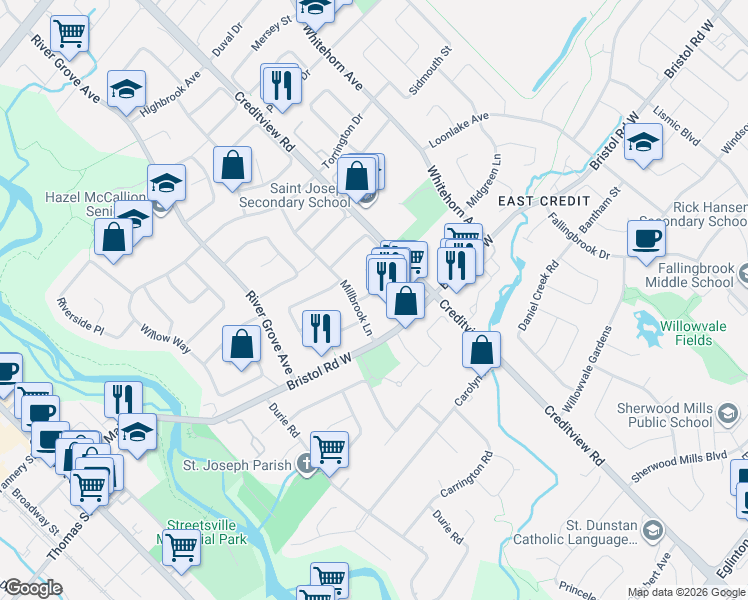 map of restaurants, bars, coffee shops, grocery stores, and more near 1525 Bristol Road West in Mississauga