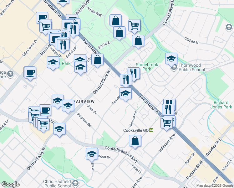 map of restaurants, bars, coffee shops, grocery stores, and more near 57 Fairview Road West in Mississauga