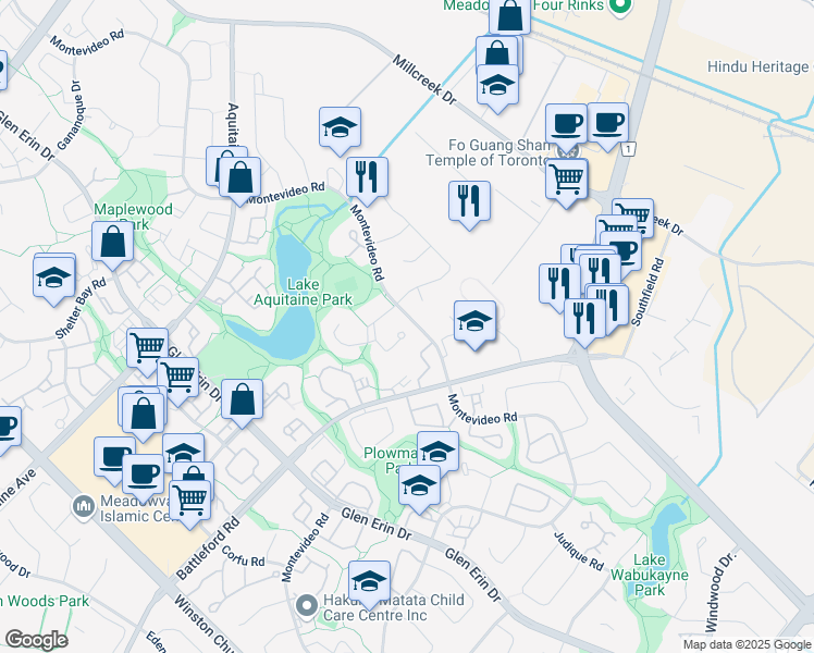 map of restaurants, bars, coffee shops, grocery stores, and more near 2680 Treviso Court in Mississauga