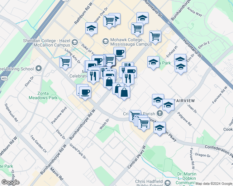 map of restaurants, bars, coffee shops, grocery stores, and more near 330 Burnhamthorpe Road West in Mississauga