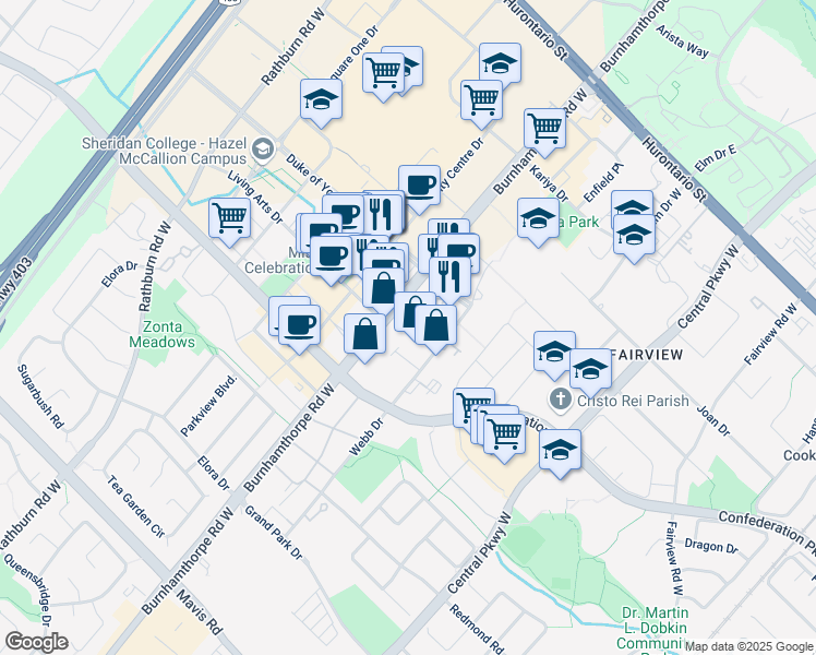 map of restaurants, bars, coffee shops, grocery stores, and more near in Mississauga