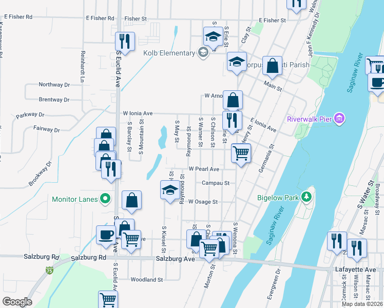 map of restaurants, bars, coffee shops, grocery stores, and more near 1312 Raymond Street in Bay City