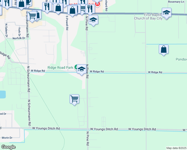 map of restaurants, bars, coffee shops, grocery stores, and more near 734 North Pine Road in Bay City