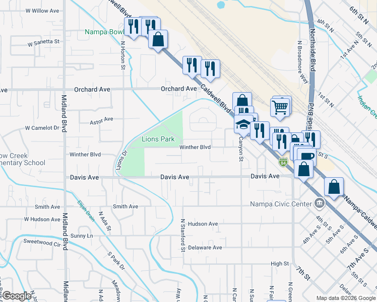 map of restaurants, bars, coffee shops, grocery stores, and more near 340 Winther Boulevard in Nampa
