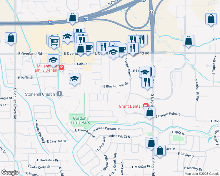 map of restaurants, bars, coffee shops, grocery stores, and more near East Blue Horizon Drive in Meridian