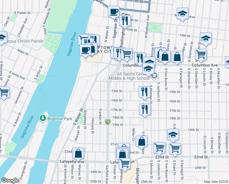 map of restaurants, bars, coffee shops, grocery stores, and more near 317 Garfield Avenue in Bay City