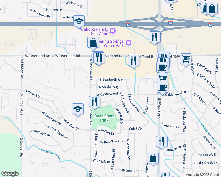 map of restaurants, bars, coffee shops, grocery stores, and more near 575 West Elias Street in Meridian