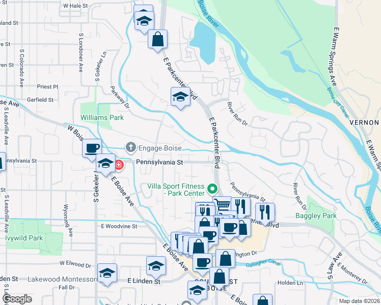 map of restaurants, bars, coffee shops, grocery stores, and more near 686 East Parkway Court in Boise
