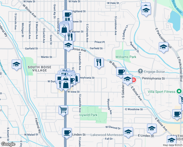 map of restaurants, bars, coffee shops, grocery stores, and more near 2071 South Division Avenue in Boise