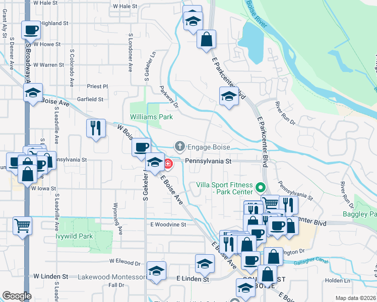 map of restaurants, bars, coffee shops, grocery stores, and more near 318 East Pennsylvania Street in Boise