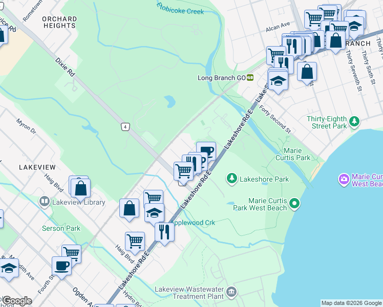 map of restaurants, bars, coffee shops, grocery stores, and more near 1064 Deta Road in Mississauga
