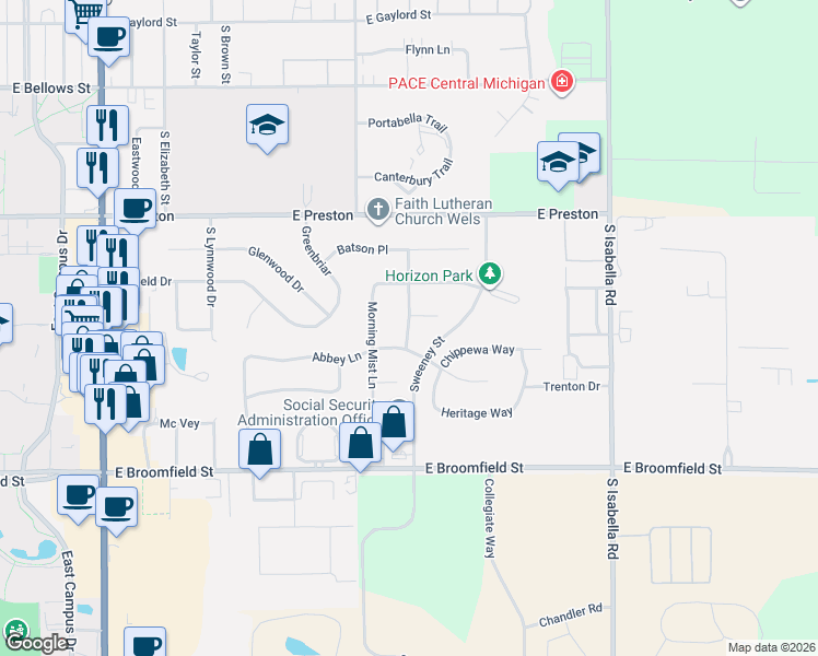 map of restaurants, bars, coffee shops, grocery stores, and more near 1698 Somerset Dr in Mt Pleasant