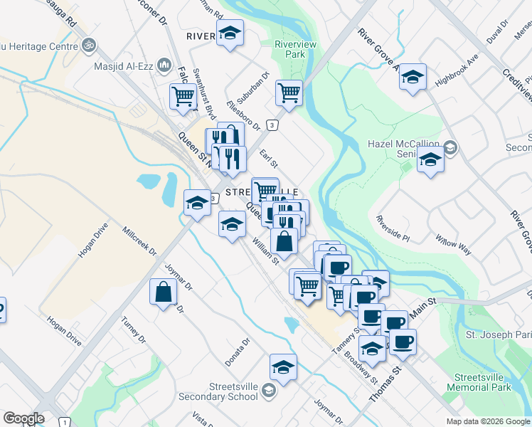 map of restaurants, bars, coffee shops, grocery stores, and more near 31 Queen Street South in Mississauga
