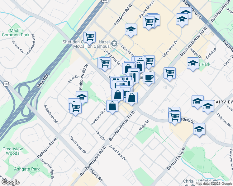 map of restaurants, bars, coffee shops, grocery stores, and more near 4080 Confederation Parkway in Mississauga
