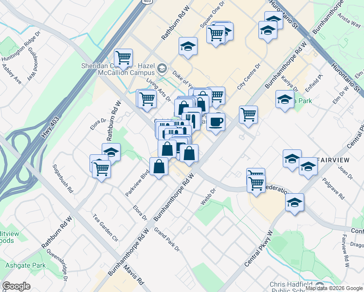 map of restaurants, bars, coffee shops, grocery stores, and more near 4065 Confederation Parkway in Mississauga