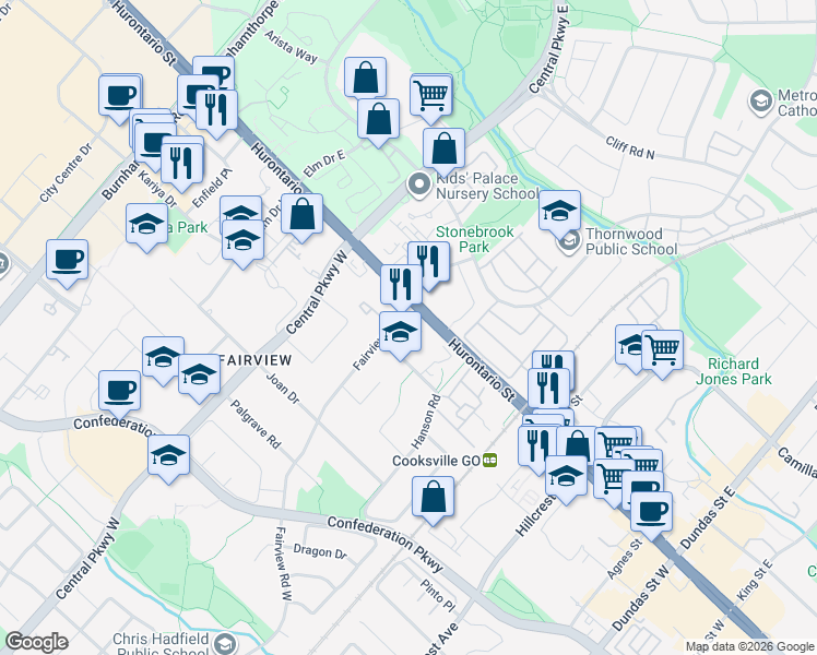 map of restaurants, bars, coffee shops, grocery stores, and more near 38 Fairview Road West in Mississauga