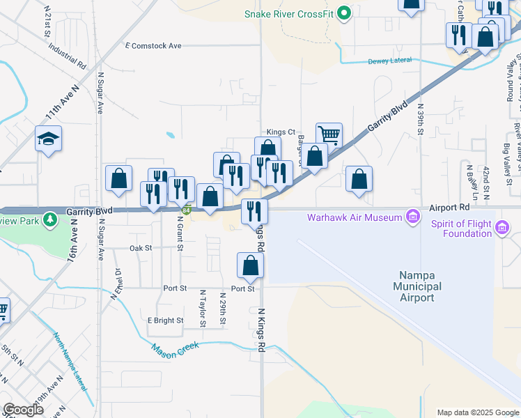 map of restaurants, bars, coffee shops, grocery stores, and more near North Kings Road in Nampa