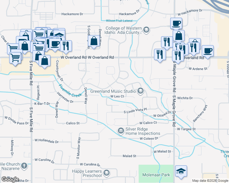 map of restaurants, bars, coffee shops, grocery stores, and more near 1860 South Rustic Mill Place in Boise